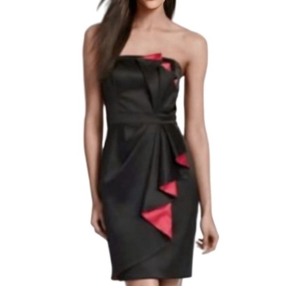 WHBM Satin Strapless Cocktail Dress Faux Wrap Front Black with Pink Pleating - Picture 16 of 16